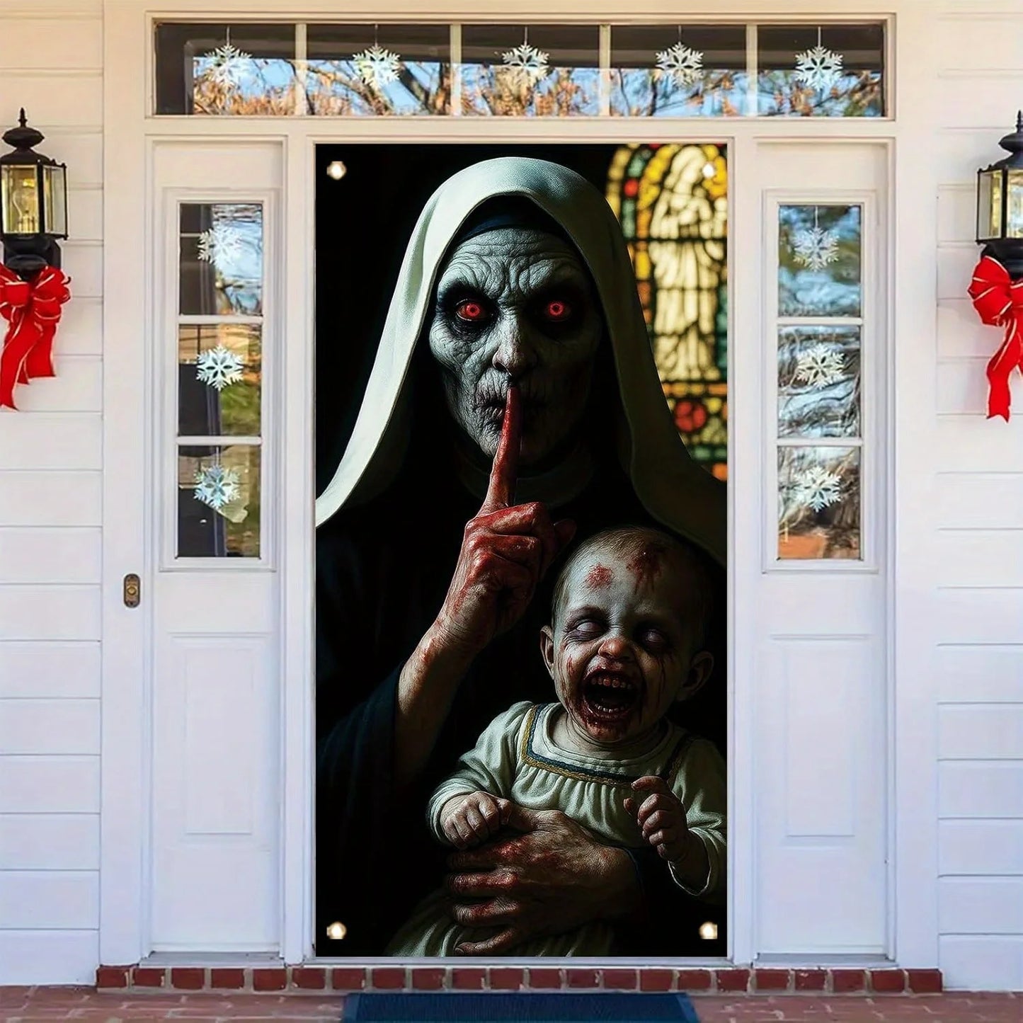 One Halloween door decoration, a terrifying zombie peeping banner, eerie monsters, a front door curtain, terrifying decorations