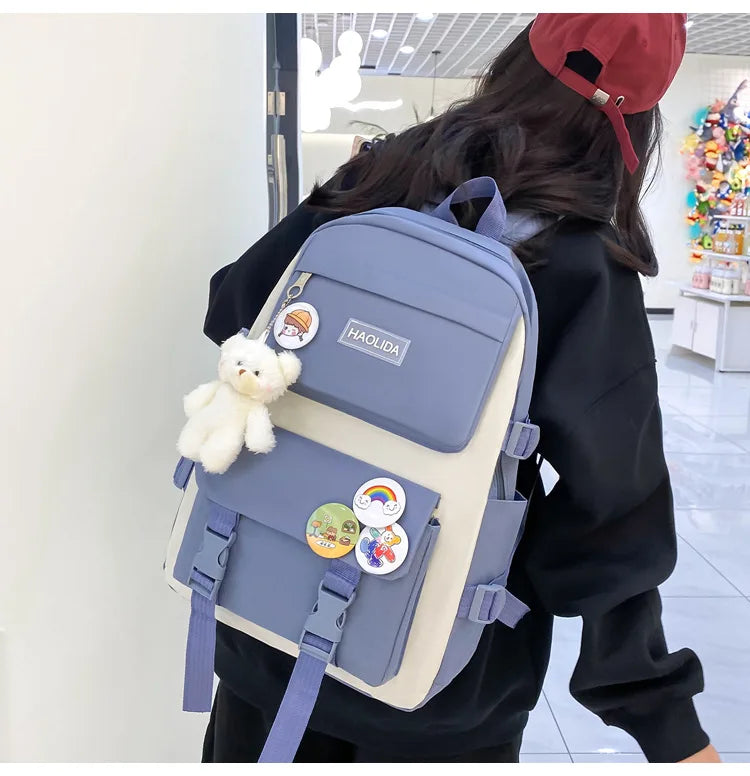 Autumn New Canvas Backpack Women's Korean Version Large Capacity Five-Piece Set Middle School Student Backpack College Student S