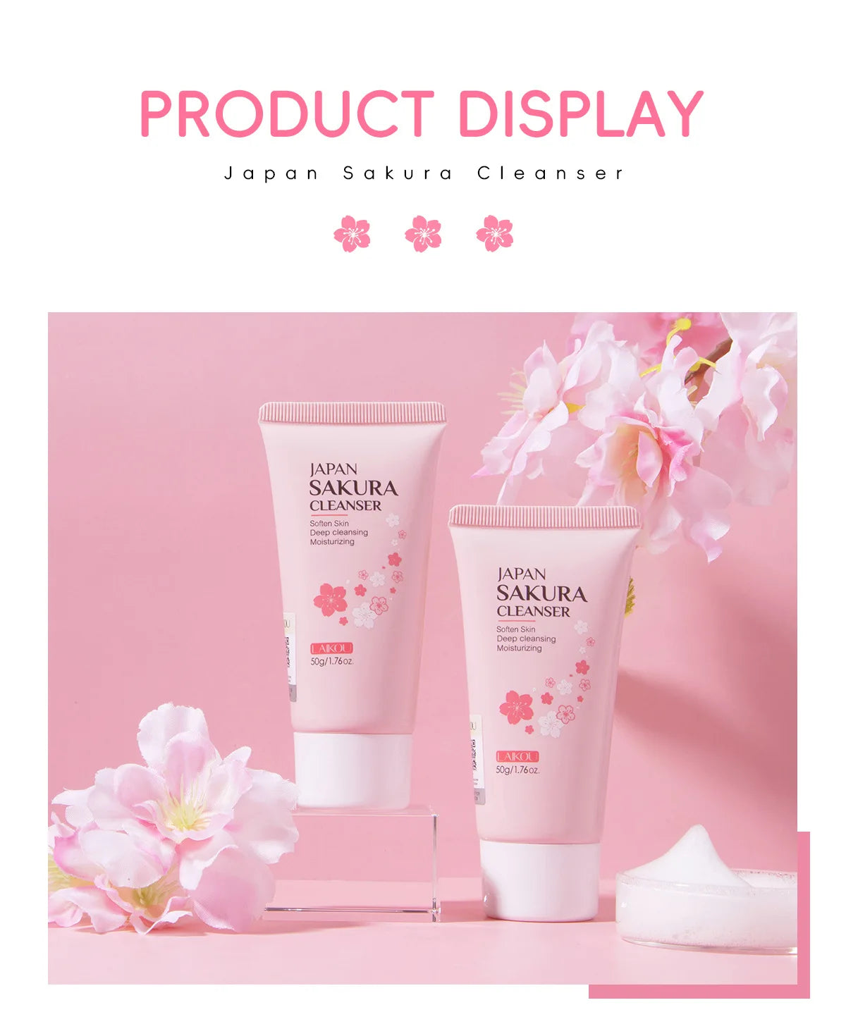 LAIKOU Sakura Facial Cleanser Foam Face Wash Remove Blackhead Moisturizing Shrink Pores Deep Cleaning Oil Control Skin Care 50g