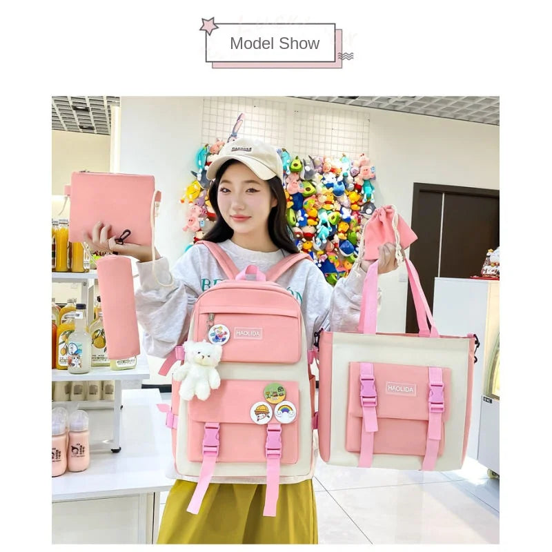 Autumn New Canvas Backpack Women's Korean Version Large Capacity Five-Piece Set Middle School Student Backpack College Student S