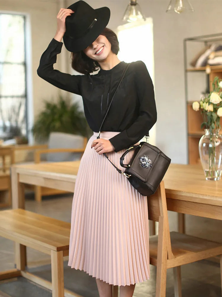 Spring and Autumn New Fashion Women's High Waist Pleated Solid Color Half Length Elastic Skirt Promotions Lady Black Pink