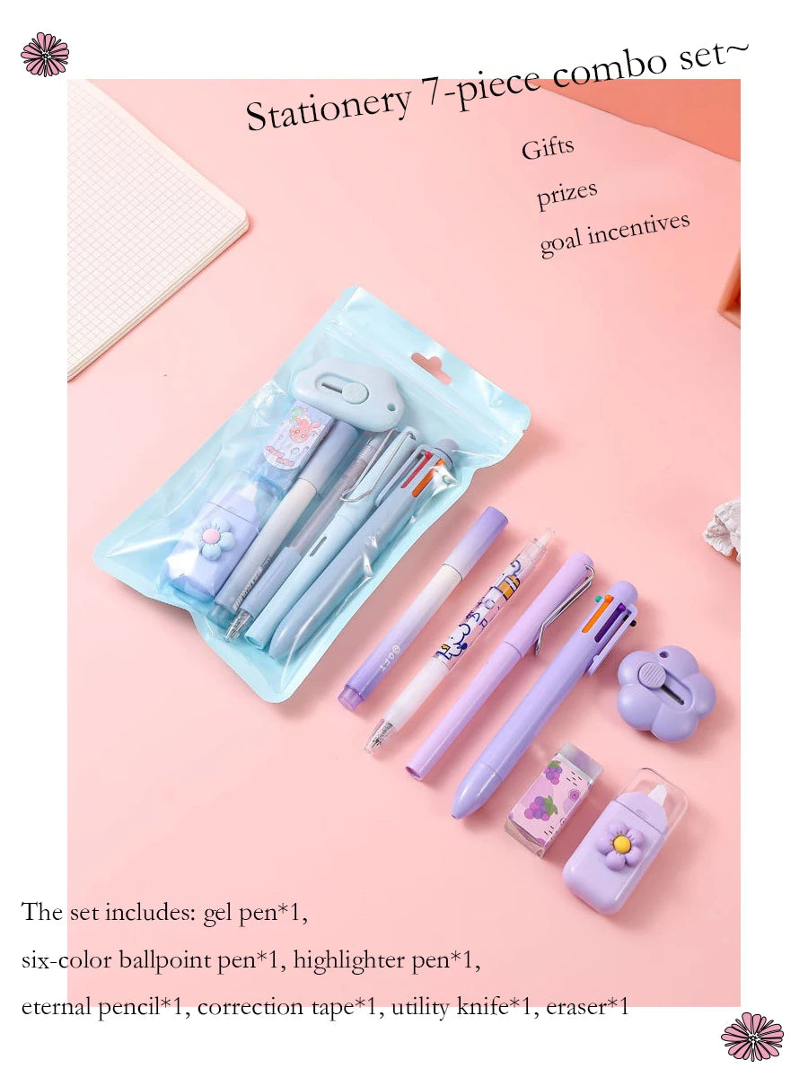 7-Piece Kawaii Korean Stationery Set – Cute Essentials for Students, Office & Study with Souvenir-Style Charm