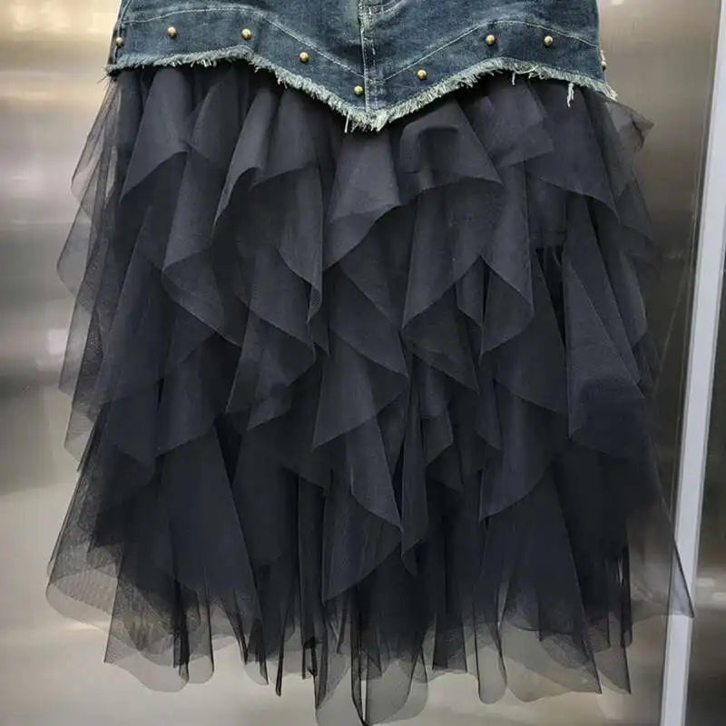 DEAT 2024 Autumn New Fashion Women's Mesh Splicing Denim Skirts High Waist A-line Irregular Long Skirt Female Trendy 33A1734