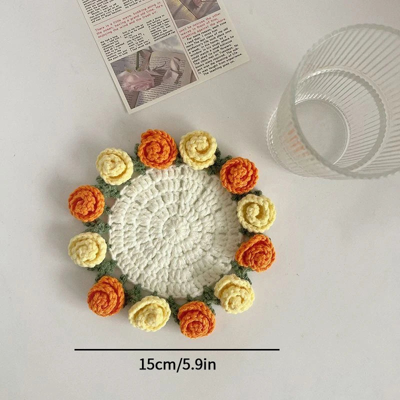 Crochet Flower Coaster Hand Knitted Coaster Rose Placemat Table Ornament Cup Pad Crochet Flower Cupmat Creative Coaster Gifts