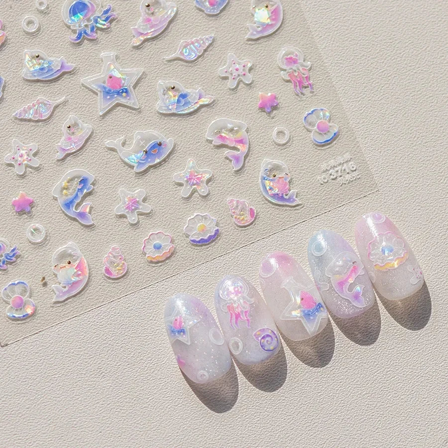 Colorful & Fun Beach Bloom Nail Art – 5D Stickers with Coral, Petals & Ocean Charms