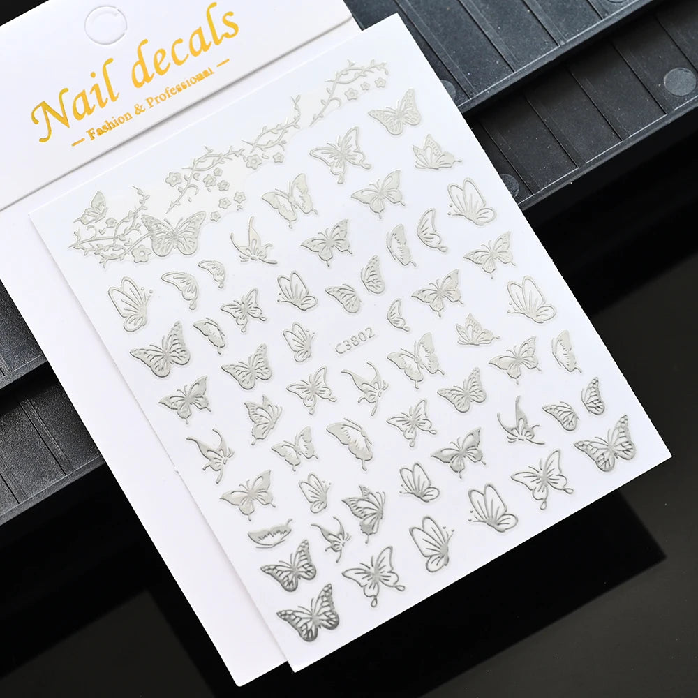 Glitter Flame Nail Art Set – Self-Adhesive Silver Stickers with Butterfly Foil for Manicure Magic