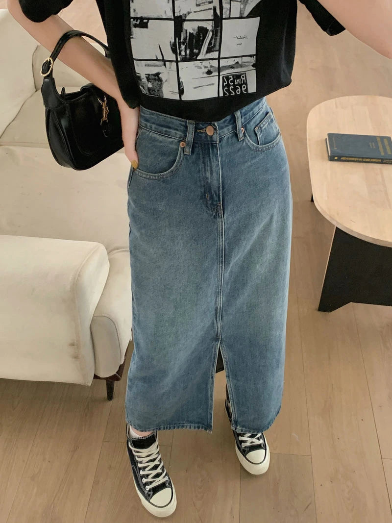 Women's Denim Wrap Skirts Retro High Waisted Split A-line Denim Skirt Autumn Fashion Straight Skirt Female