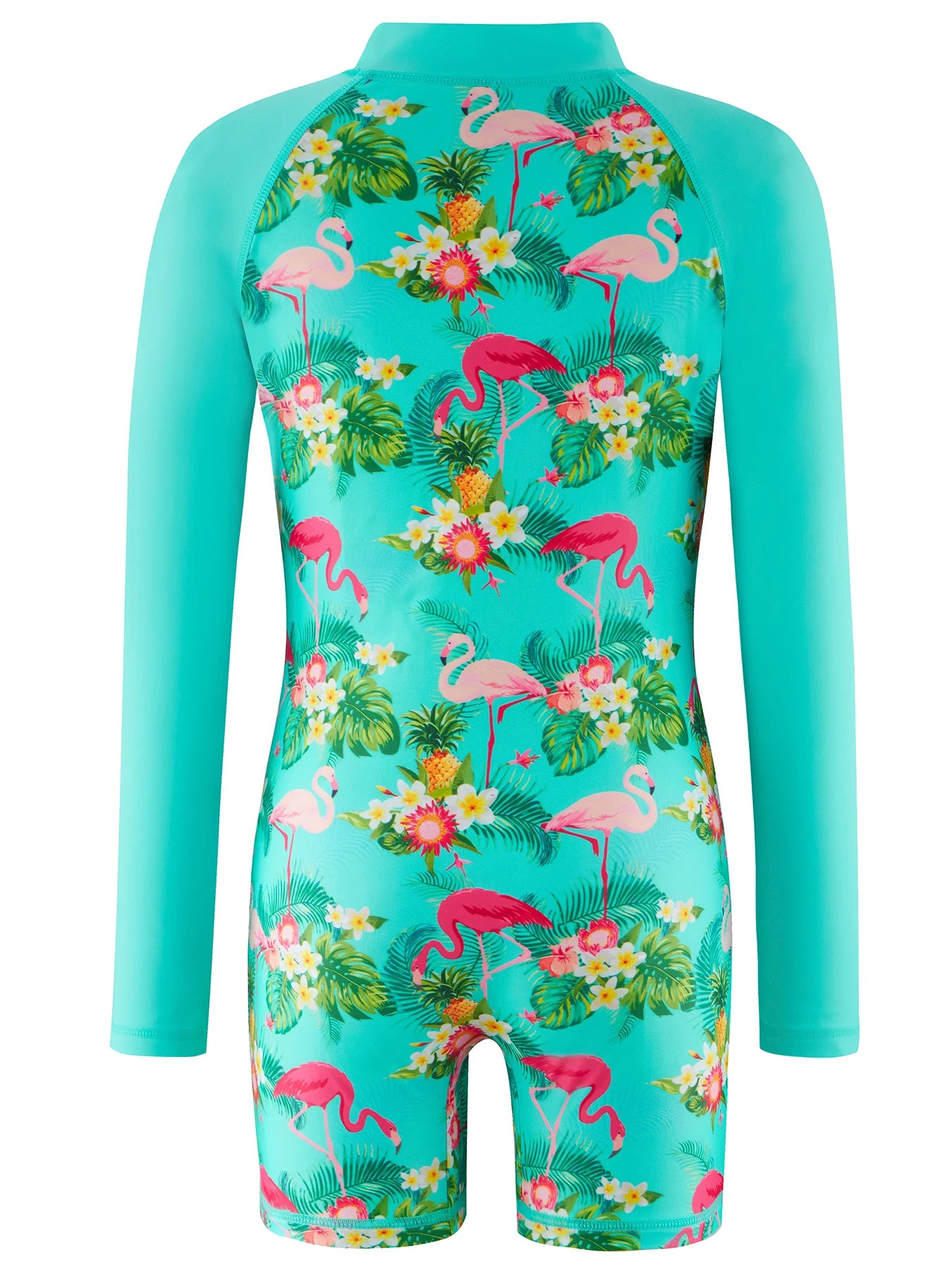 Cyan Color One-Piece Swimwear Kids Girl Long-Sleeved Flamingo Print Swimsuit Beach Water Play Summer Swimming Suit Boyleg Shorts