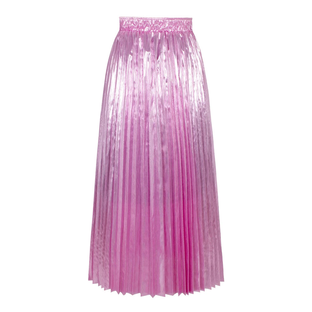 SISHION 2025 New Spring Shiny Long Midi Skirts for Women SS0039 Elastic Waist Metallic Elegant Fashion Golden Black Pink Skirt