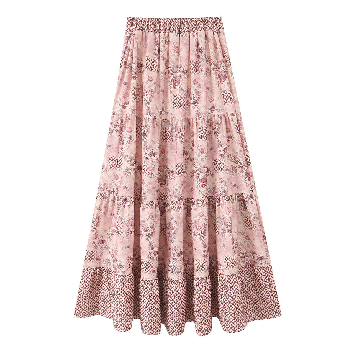 Elegant Women Holiday Wind Floral Print Tirred Ruffles Long Skirt Faldas Mujer Female Summer Elastic Waist Skirts QUN9083