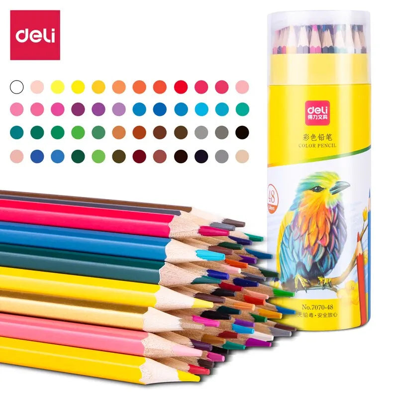 Deli Oily Colored Pencil Set – 24/36/48 Colors in Barrel for Students, Artists & Sketching Fun