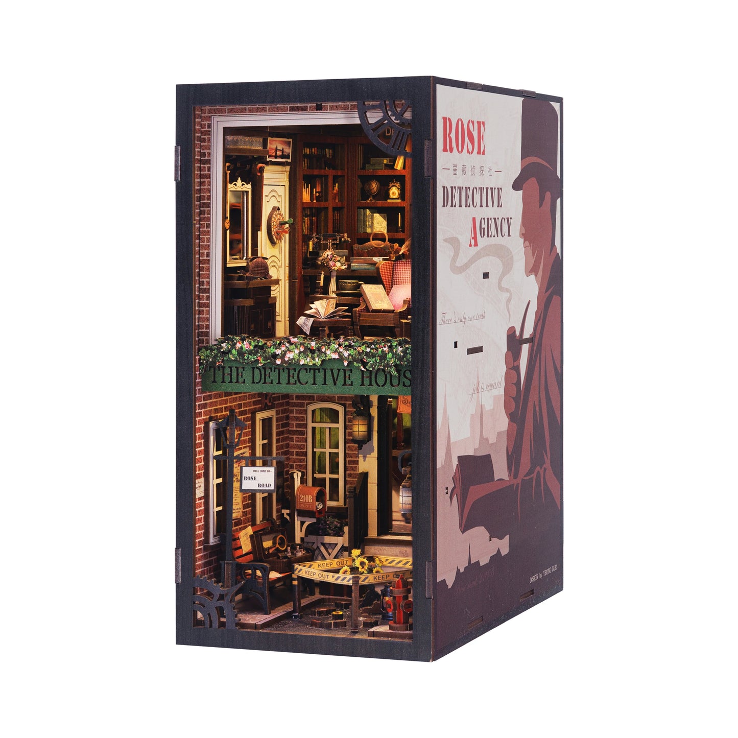 CUTEBEE Book Nook 3D Puzzle Miniature Doll House Kit With Touch Light Dust Cover DIY Booknook Toy Gifts Rose Detective Agency