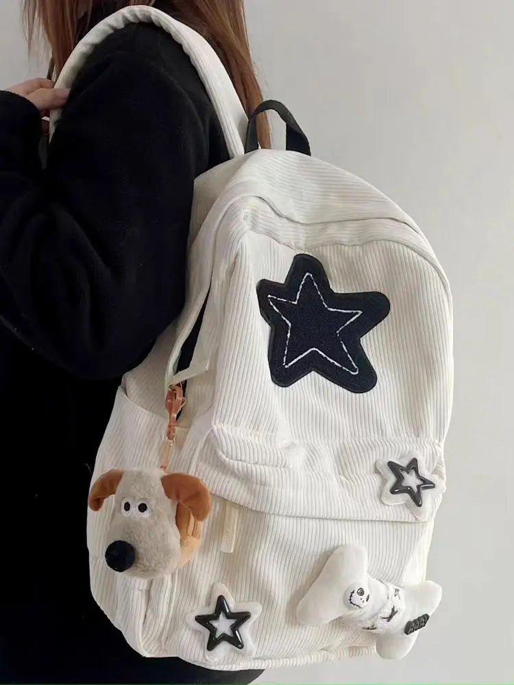 Starry Y2K Corduroy Backpack – Big Space, Bold Style for Trendy Teens!