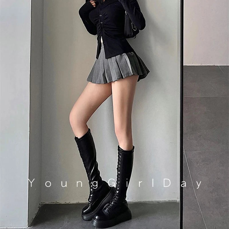 ZOKI Pleated Skirt with Shorts Women Sexy High Waist Irregular White Black A-line Gyaru Tennis extreme Mini Skirt School