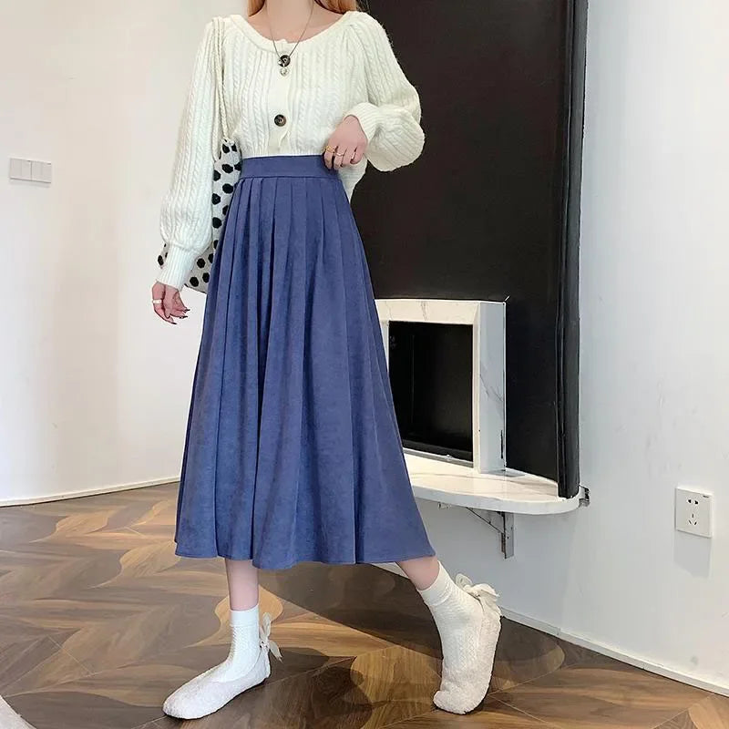 Xpqbb Korean Style Women's Midi Skirt 2025 Autumn High-Waisted Corduroy Long Skirt Women College Style Pleated A-Line Skirts
