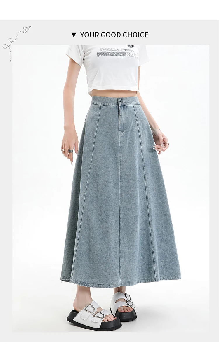 Long Denim Skirt Women 2024 Spring Summer New Arrivals High Elastic Waist A Line Jeans Skirts Korean Fashion Casual Blue Skirts