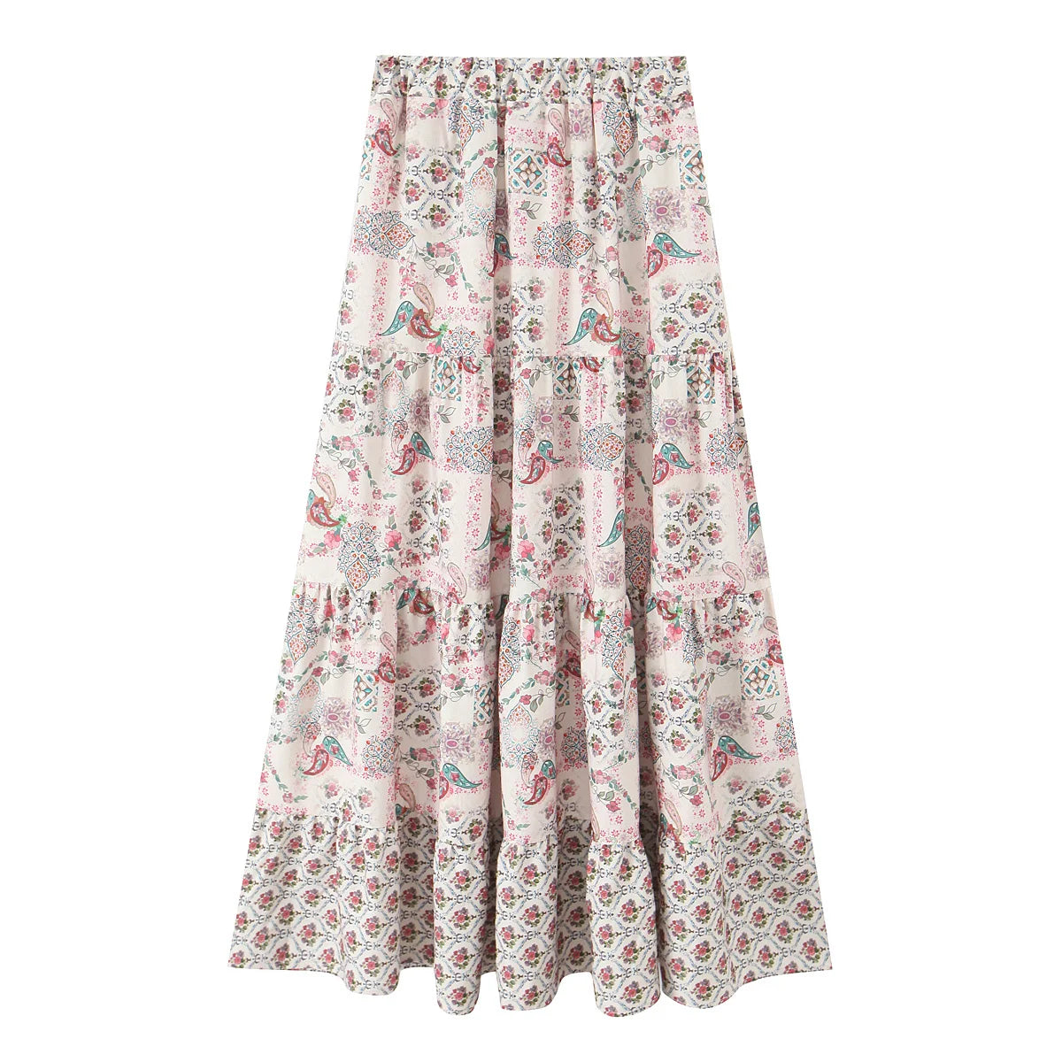 Elegant Women Holiday Wind Floral Print Tirred Ruffles Long Skirt Faldas Mujer Female Summer Elastic Waist Skirts QUN9083
