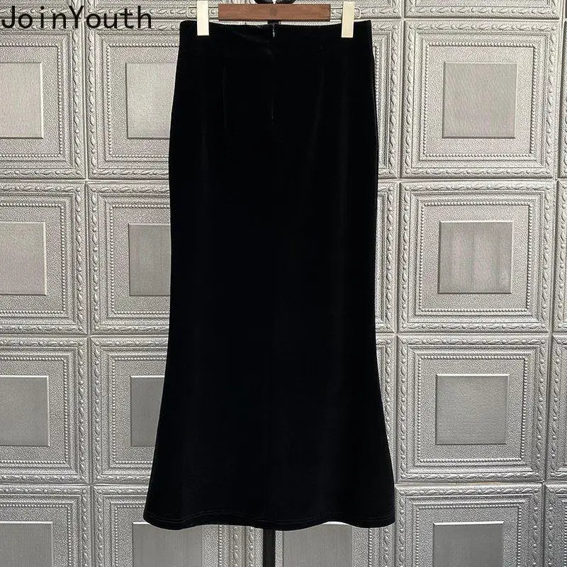 2025 Faldas Mujer De Moda Vintage Long Skirt High Waist A-line Velvet Jupe Fashion Single Breasted Long Skirts Temperament Saia