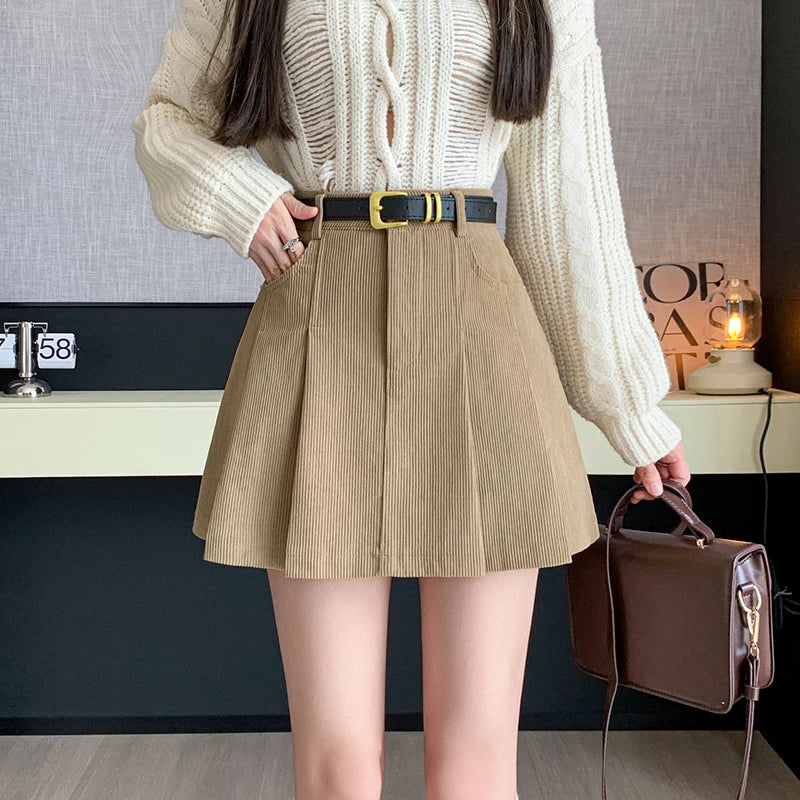 2024 Autumn and Winter Mini Pleated Skirt Women Fashion Streetwear A-line Skater Kawaii Skirts With Belt Korean School Girl Saia