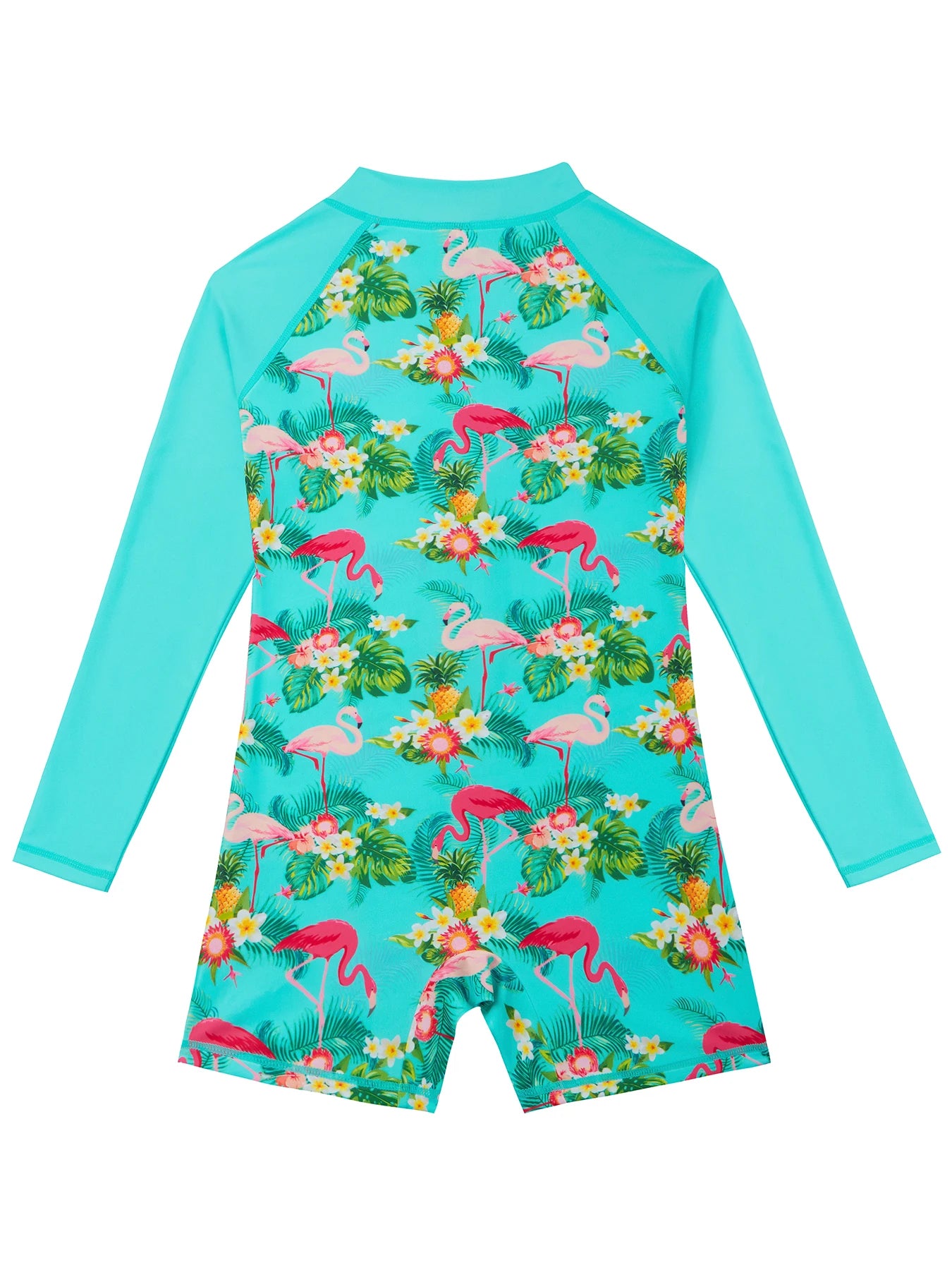 Cyan Color One-Piece Swimwear Kids Girl Long-Sleeved Flamingo Print Swimsuit Beach Water Play Summer Swimming Suit Boyleg Shorts