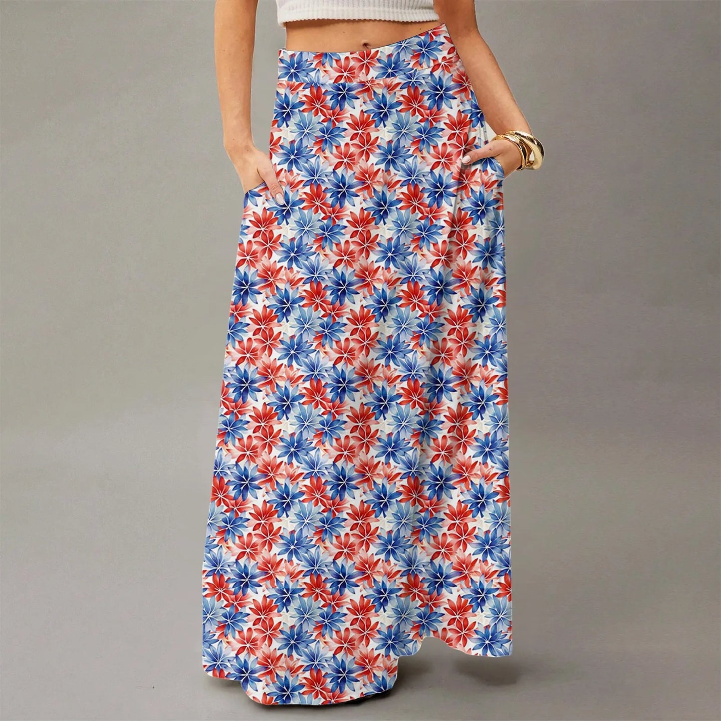Women's Straight Skirt Casual Summer Floral Print Bohemian Skirt Flowing Maxi Skirts with pockets High waist Elastic skirt
