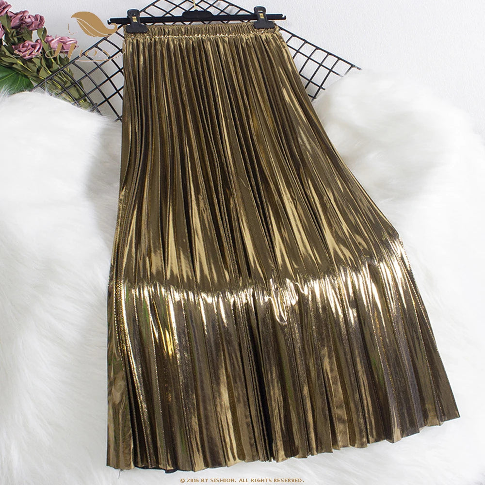 SISHION 2025 New Spring Shiny Long Midi Skirts for Women SS0039 Elastic Waist Metallic Elegant Fashion Golden Black Pink Skirt