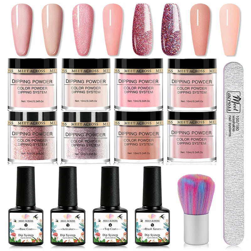 8 Colors Dip Powder Nail Set – Classic Nude Pink & Glitter Collection for DIY Salon Nails