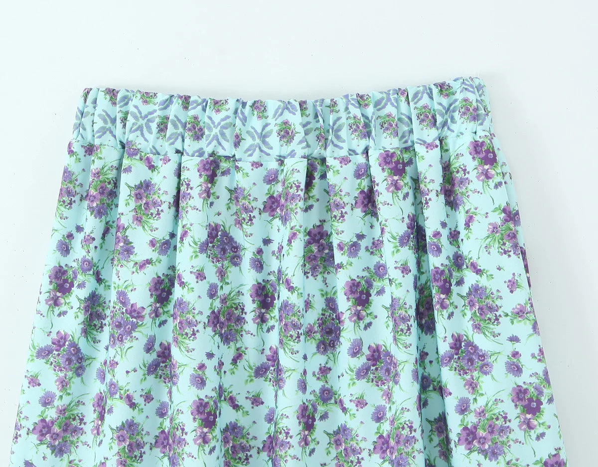 Elegant Women Holiday Wind Floral Print Tirred Ruffles Long Skirt Faldas Mujer Female Summer Elastic Waist Skirts QUN9083