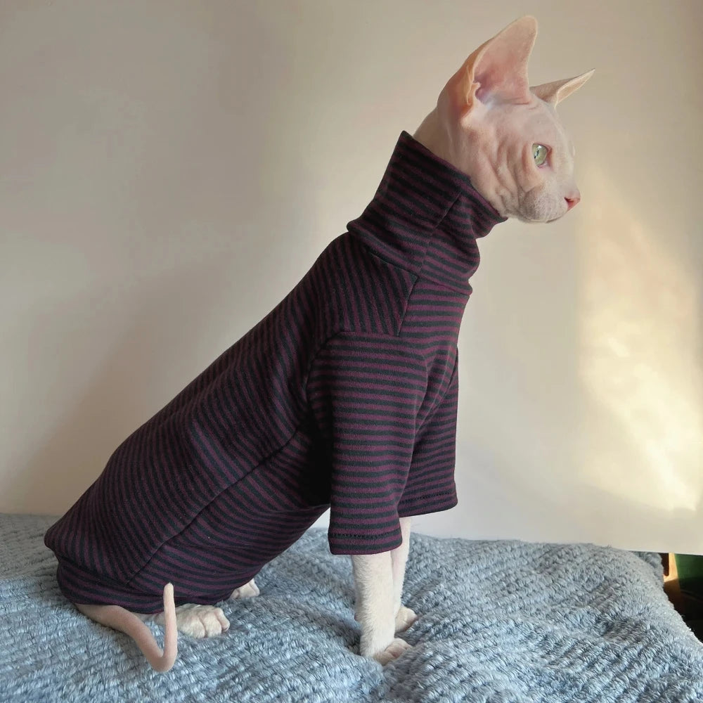 Striped Undershirt for Sphynx Cat Elegant high neck T-shirt for Kittens Dogs Spring Soft Long Sleeve Coat for Devon Rex Clothing