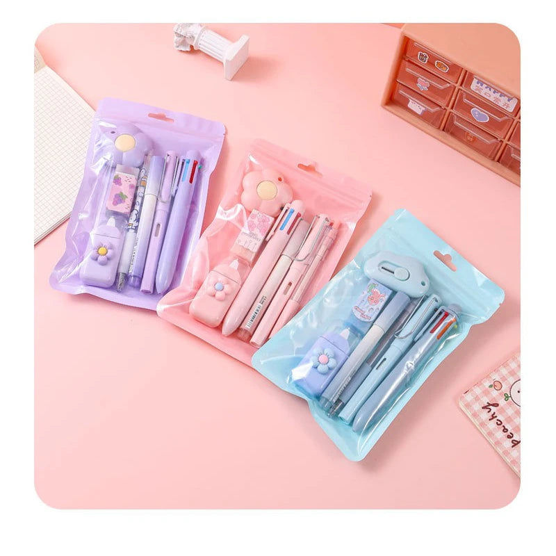 7-Piece Kawaii Korean Stationery Set – Cute Essentials for Students, Office & Study with Souvenir-Style Charm