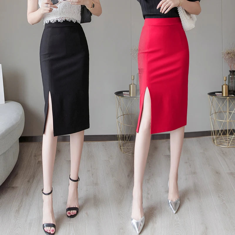 Seoulish 2024 New Spring Summer Mid length Women's Skirt Elegant Office Lady Style Solid Split Mid Length Skirts Female