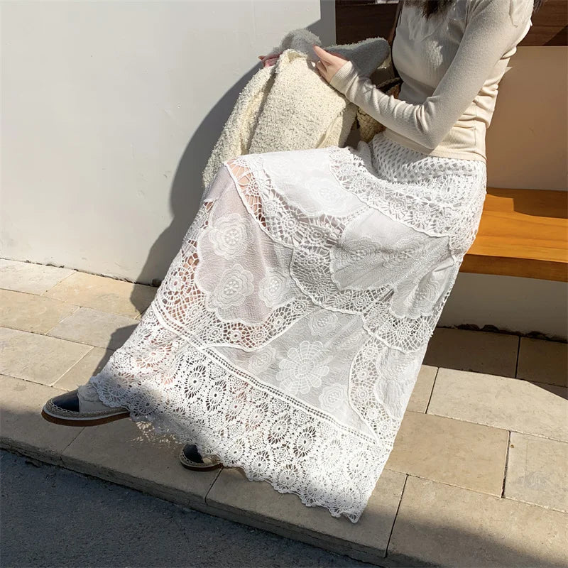 SMTHMA New Korean Retro French Hook Flower Hollow Design Elastic Knitted Skirt Women's Elastic High Waist A-line Long Skirt