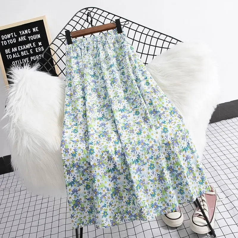 Fragmented Blossom Skirt Women's New Summer Art High Waist Chiffon A-line Oil Painting Small Daisy  Lady Large Swing  Skirt