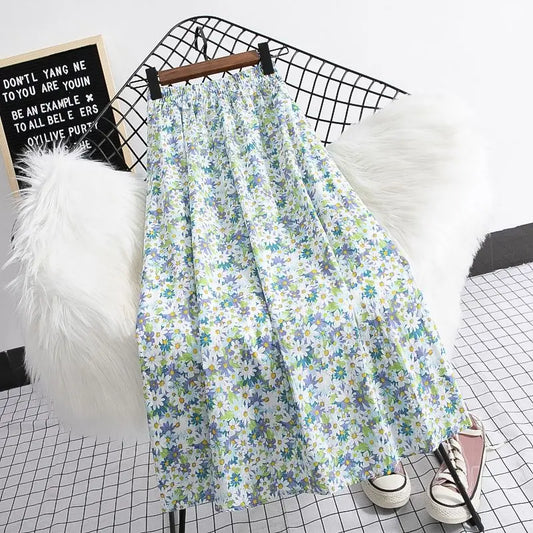 Fragmented Blossom Skirt Women's New Summer Art High Waist Chiffon A-line Oil Painting Small Daisy  Lady Large Swing  Skirt