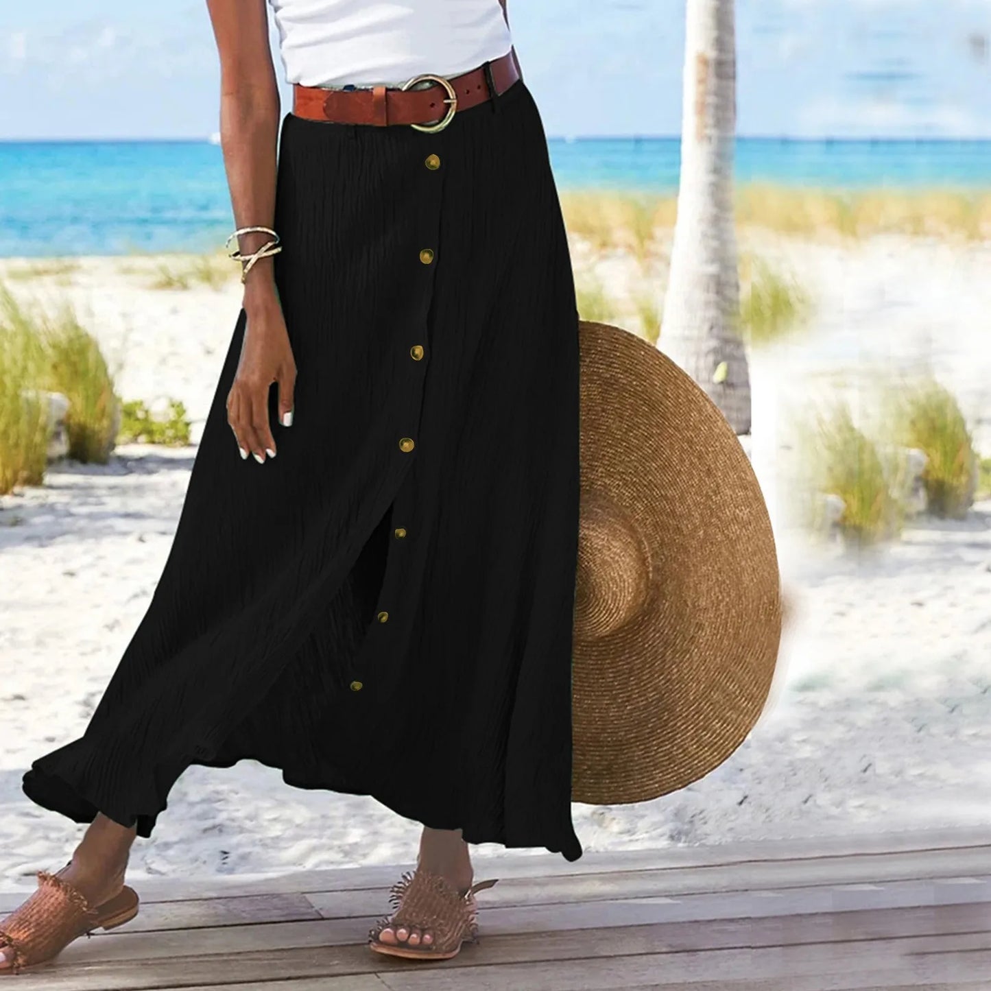 Women'S Half Skirt Midi Skirts For Women Bohemian Skirt High Waist Party Beach Button Skirt Women'S Loose Cotton And Linen Skirt