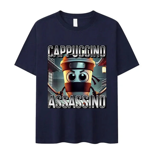 Italian Brainrot Fun Cappuccino Assasino Meme Men's Kawaii Short sleeved T-shirt Summer Round Neck 100% Cotton T-shirt