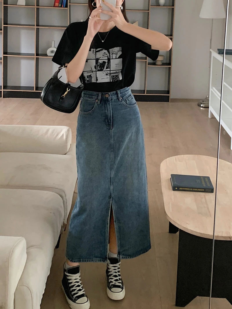 Women's Denim Wrap Skirts Retro High Waisted Split A-line Denim Skirt Autumn Fashion Straight Skirt Female