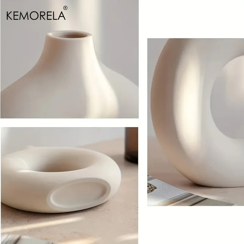 Nordic Style Ceramic Donut Shaped Vase Hollow Circular Flower Pot for Home Living Room Office Desktop Decorative Accessory Gift