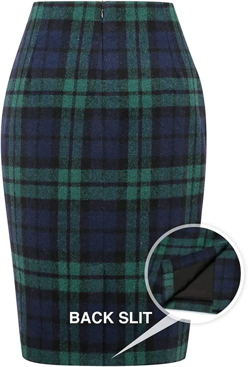 Women Midi Plaid Skirts Fall Winter Knee Length Pencil Wool Skirt with Slit