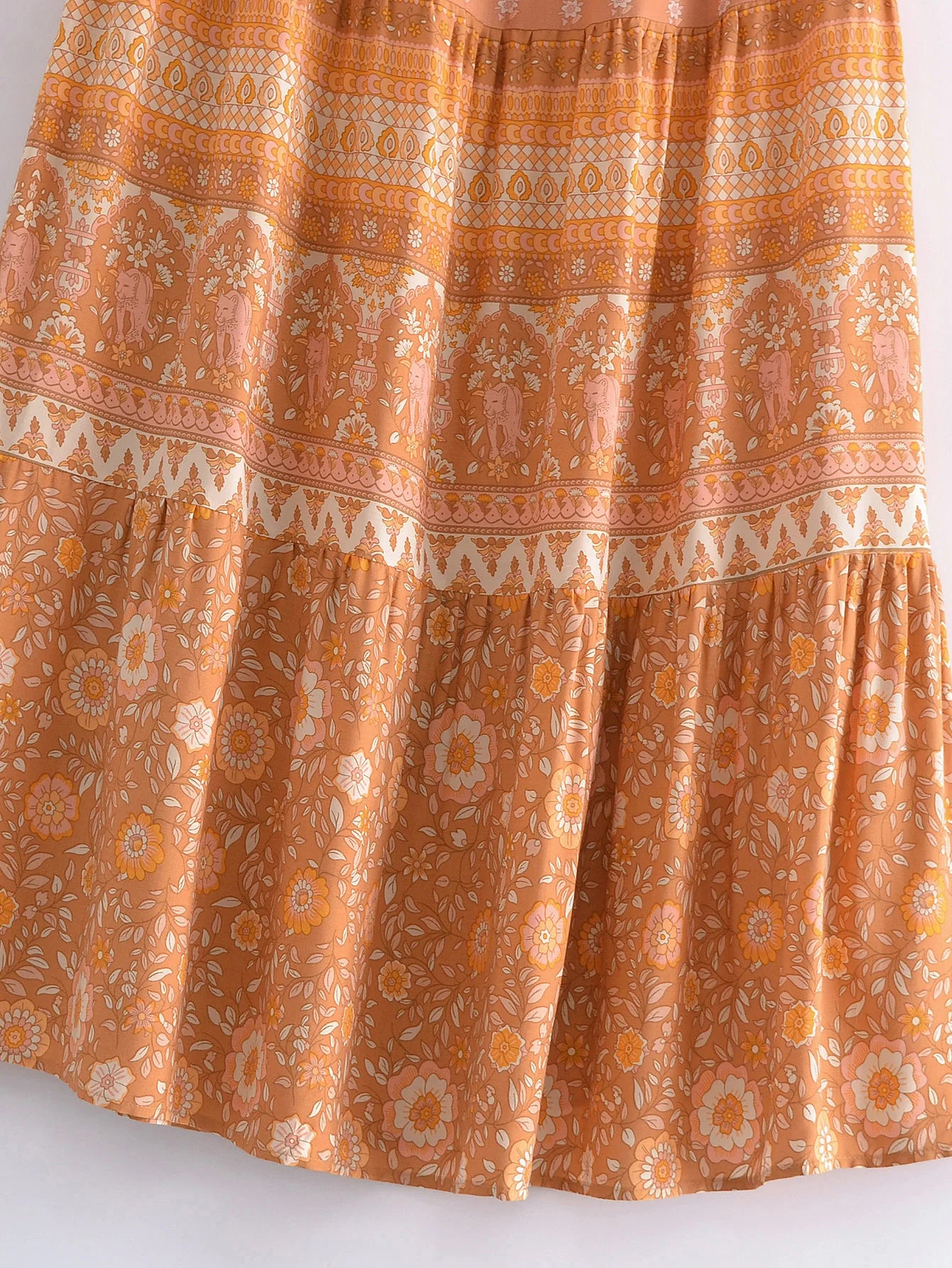 2022 BOHO Orange Flower Print Long Skirt Spliced Ruched Ruffle Hem Hippie Women Ball Tassel Bow Waist Swing Skirts Holiday