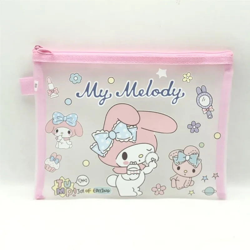Sanrio A5 Mesh Zipper Pouch – Cute Melody, Kuromi & Cinnamoroll Document Organizer for School & Stationery Fans