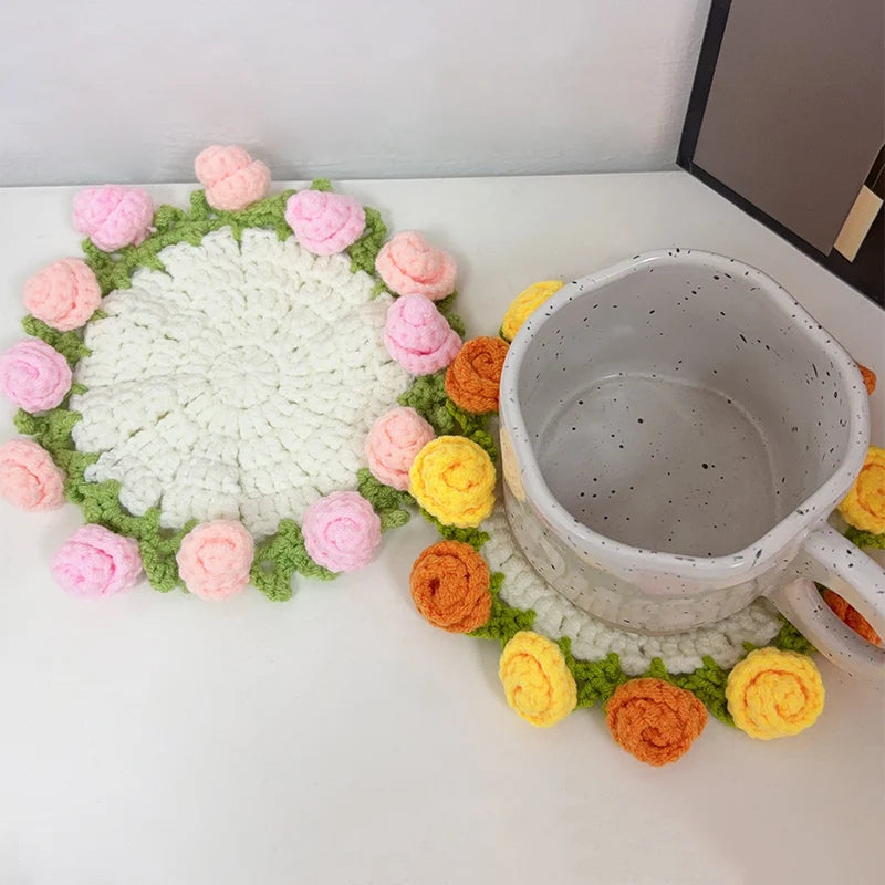 Crochet Flower Coaster Hand Knitted Coaster Rose Placemat Table Ornament Cup Pad Crochet Flower Cupmat Creative Coaster Gifts