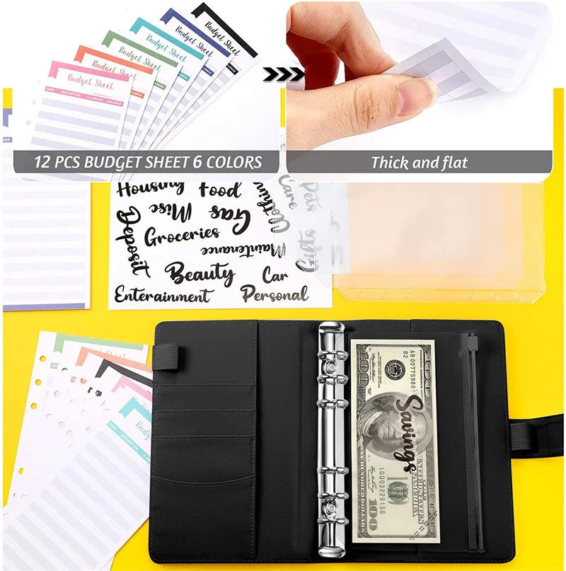 Leather Budget Binders Planner 6 Hole 8 Zipper Envelopes 2 Stickers in One NoteBook Wallet For Save Money Organizer Cash System