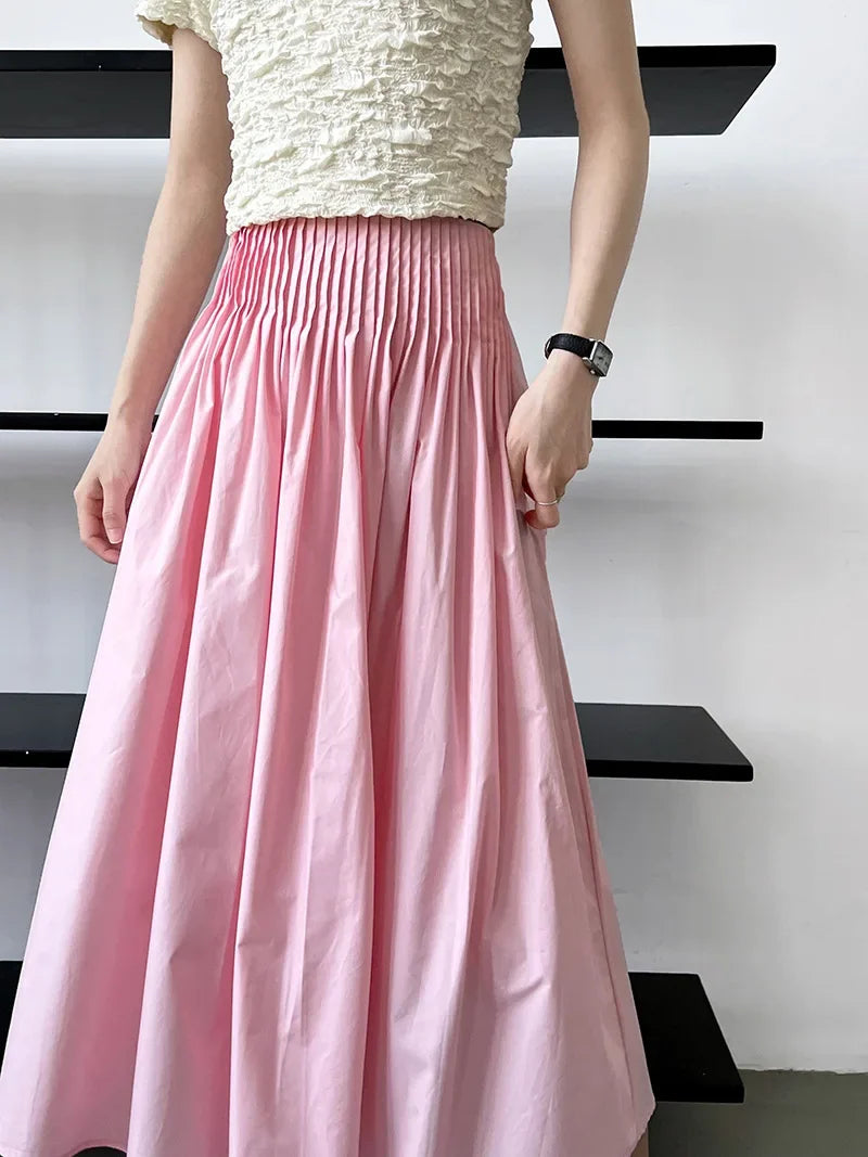 Elegant High-Waisted Pink A- Line Skirt Sweet Umbrella Design Sensibility Plenty of Pleats Medium-Length Women's Fashion