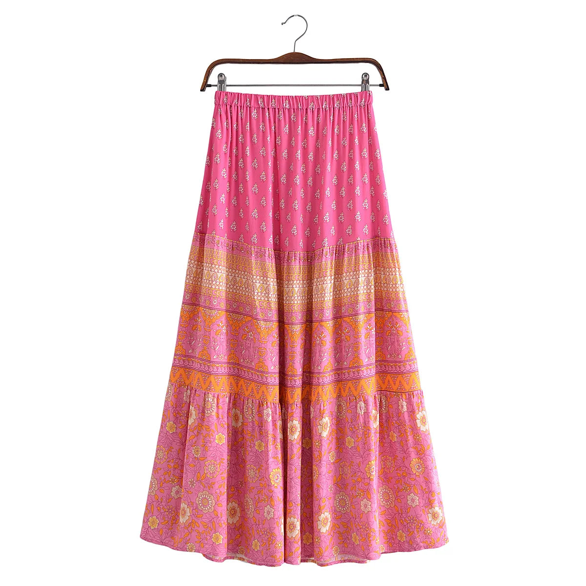 2022 BOHO Orange Flower Print Long Skirt Spliced Ruched Ruffle Hem Hippie Women Ball Tassel Bow Waist Swing Skirts Holiday