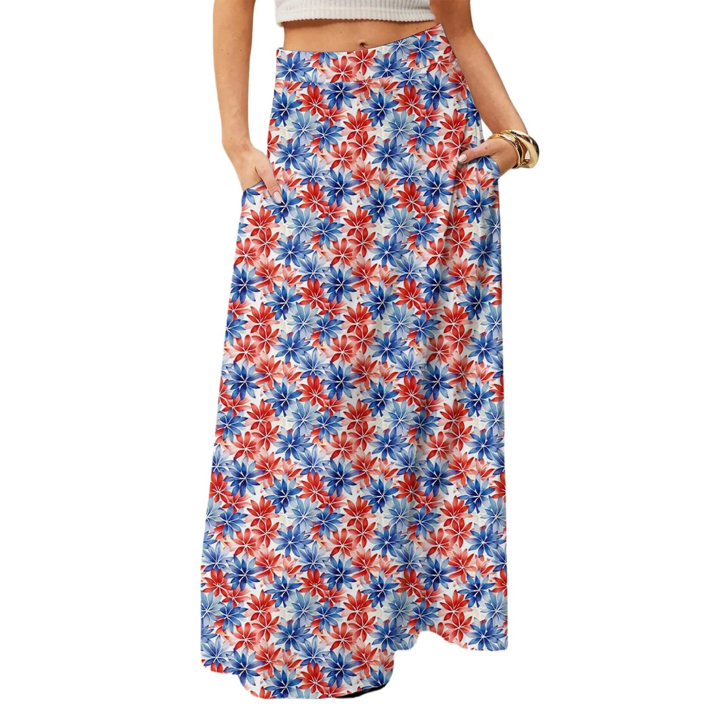 Women's Straight Skirt Casual Summer Floral Print Bohemian Skirt Flowing Maxi Skirts with pockets High waist Elastic skirt