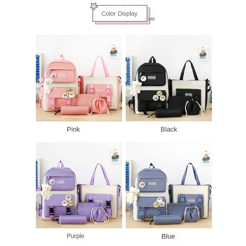 Autumn New Canvas Backpack Women's Korean Version Large Capacity Five-Piece Set Middle School Student Backpack College Student S