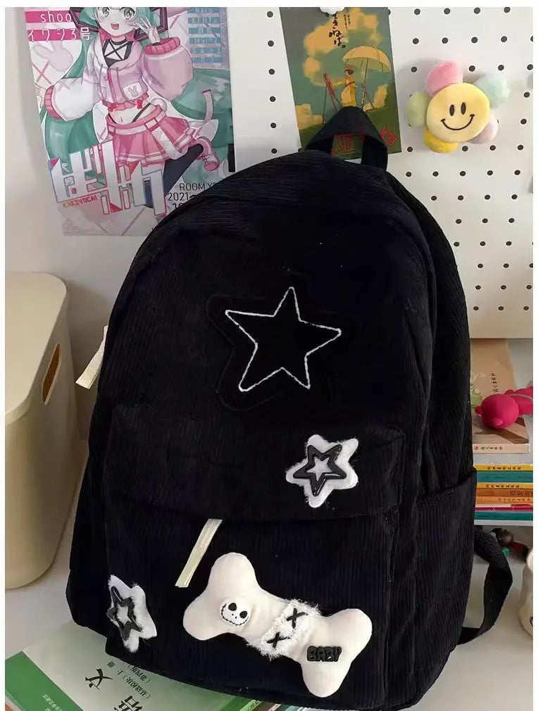 Starry Y2K Corduroy Backpack – Big Space, Bold Style for Trendy Teens!