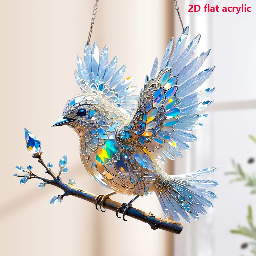 2D Pretty Bird Stained Window Hanging, Bird Art Pendant For Kitchen Livingroom Office, Halloween Fall Animal Lover Wreath Sign