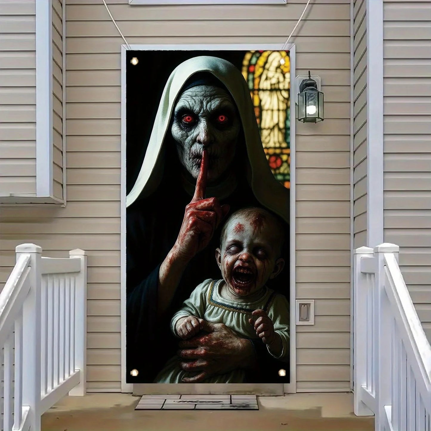 One Halloween door decoration, a terrifying zombie peeping banner, eerie monsters, a front door curtain, terrifying decorations